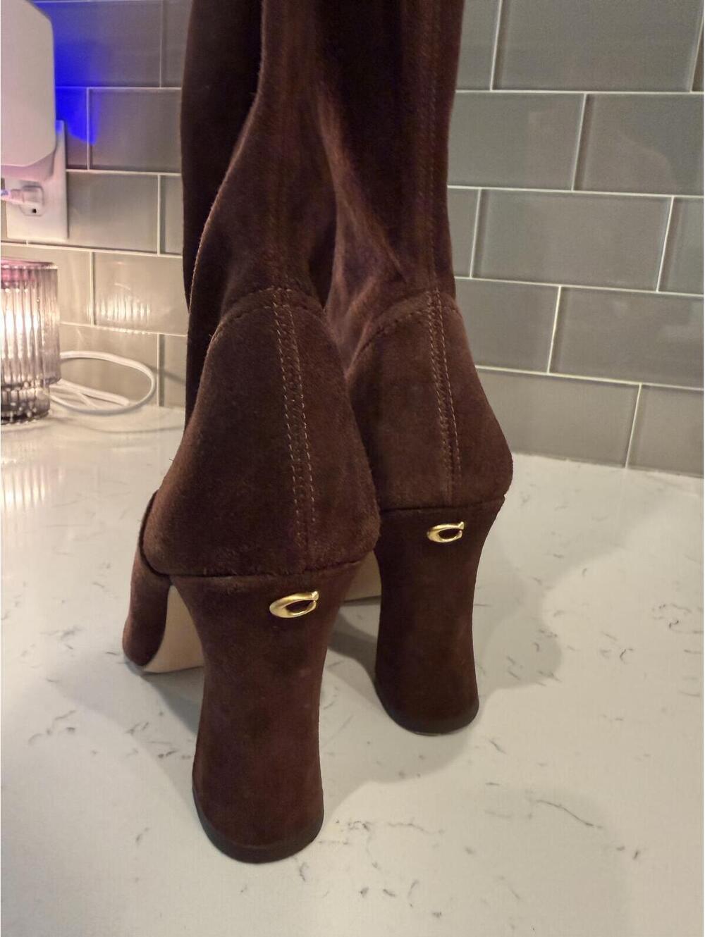 Coach Cece Knee High Suede Boots Brown Pointed Toe Block Heel Size 5B - Picture 3 of 6
